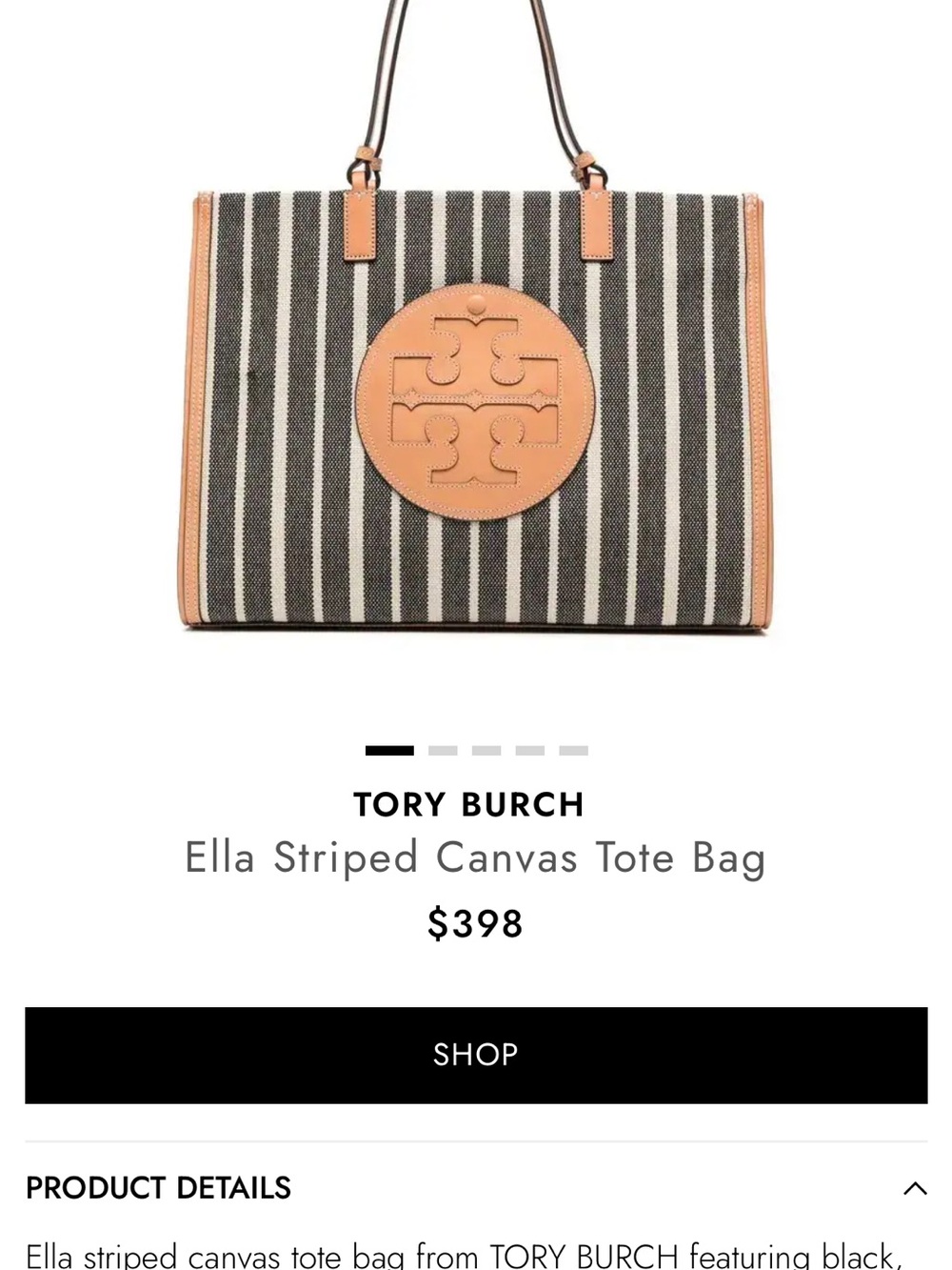 RARE…Tory Burch Black and Tan Striped Ella Canvas Tote with Logo Medallion